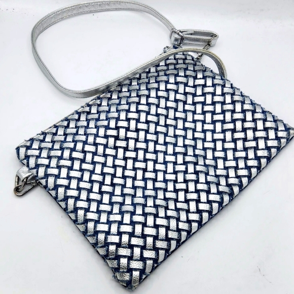 Denim Crystal Rhinestone Crossbody Bag With Metallic Weaving On Back - Picture 5 of 16